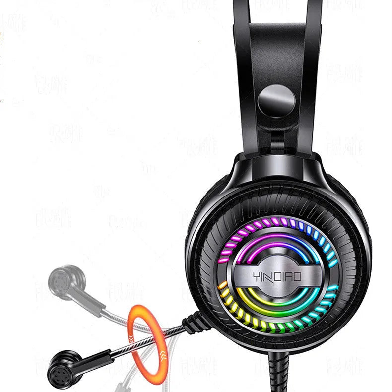Black wired PC headset with microphone, over-ear protein earmuffs, and a long cable with a 3.5mm plug.