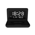 White wireless charging alarm clock showing time, date, temperature and calendar display on bedside table