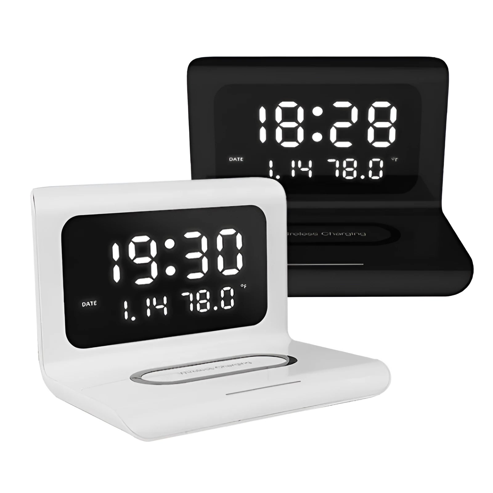 White wireless charging alarm clock showing time, date, temperature and calendar display on bedside table