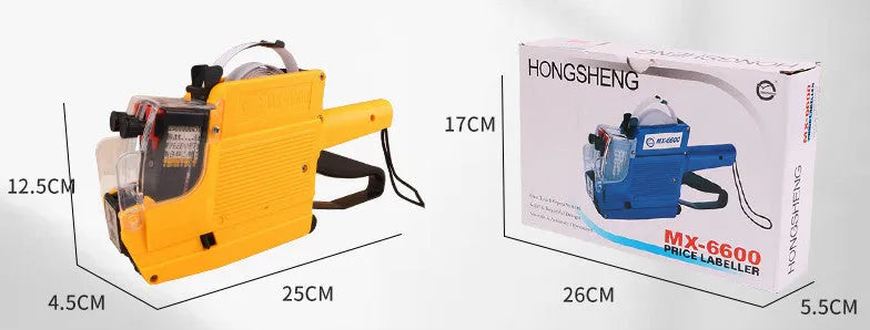 Manual price labelling machine in blue, red, or yellow with ink roller and paper rolls