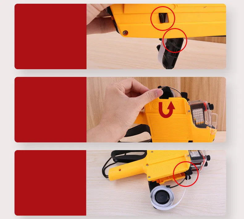 Manual price labelling machine in blue, red, or yellow with ink roller and paper rolls