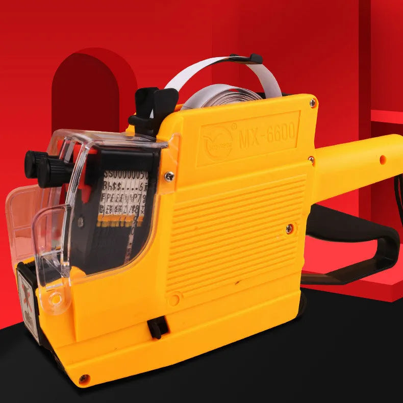 Manual price labelling machine in blue, red, or yellow with ink roller and paper rolls