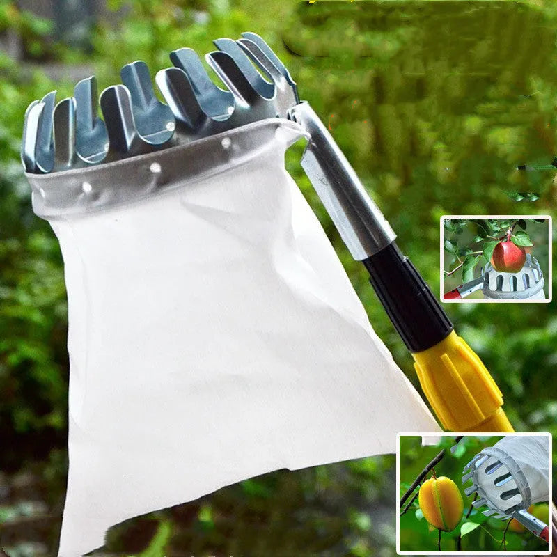 Steel fruit picker tool with cloth catcher bag for harvesting pears, citrus, and peaches
