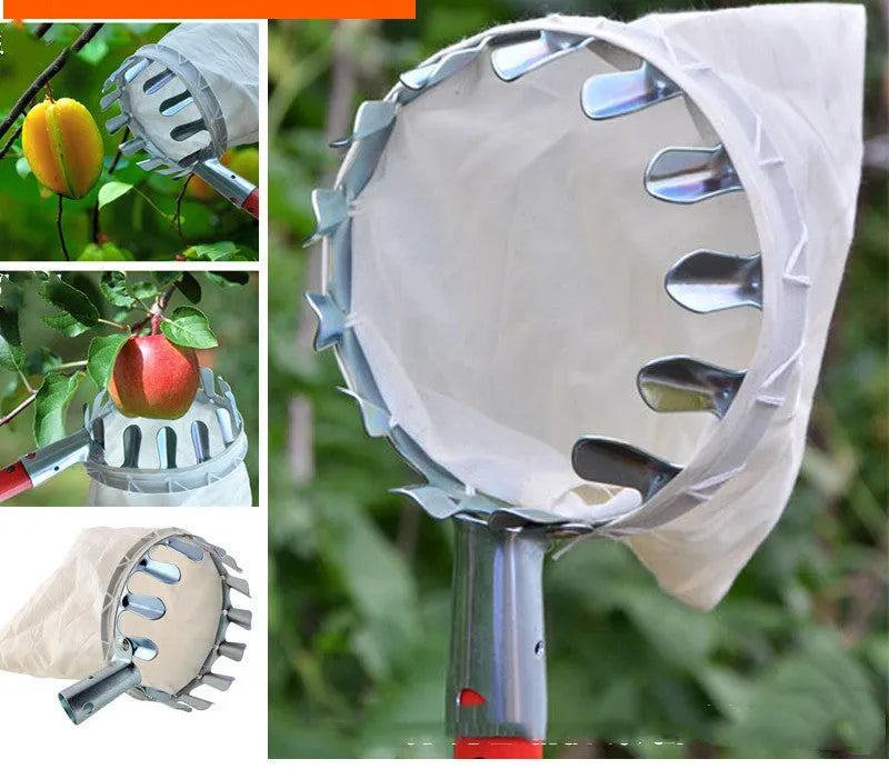 Steel fruit picker tool with cloth catcher bag for harvesting pears, citrus, and peaches