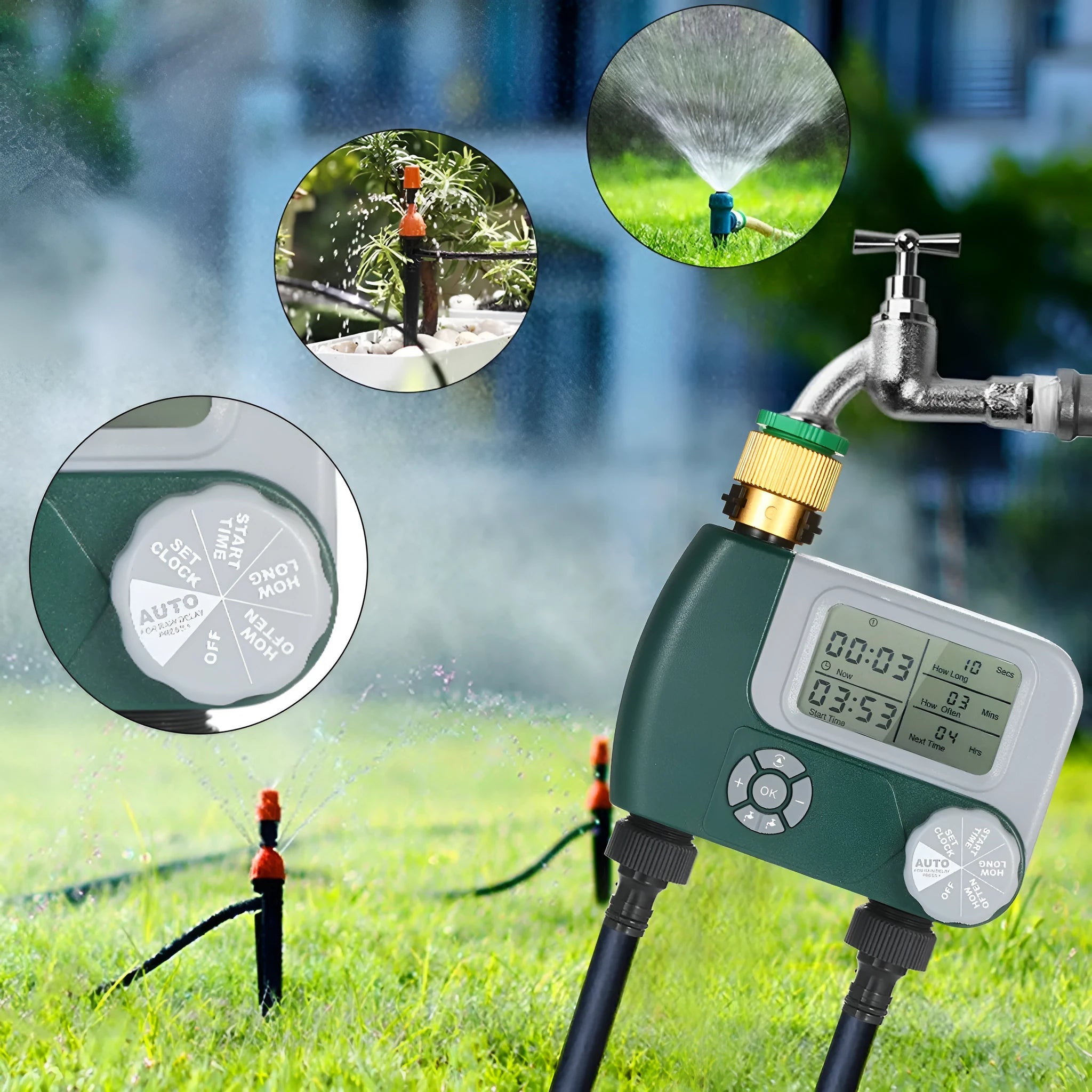 Green digital garden hose timer with copper connector and programmable watering display