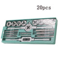 20-piece metric tap and die set in alloy steel with silver or titanium-plated finish for hand thread cutting