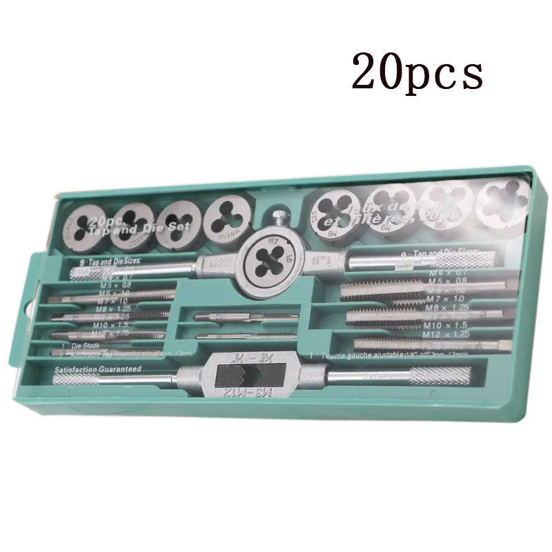 20-piece metric tap and die set in alloy steel with silver or titanium-plated finish for hand thread cutting
