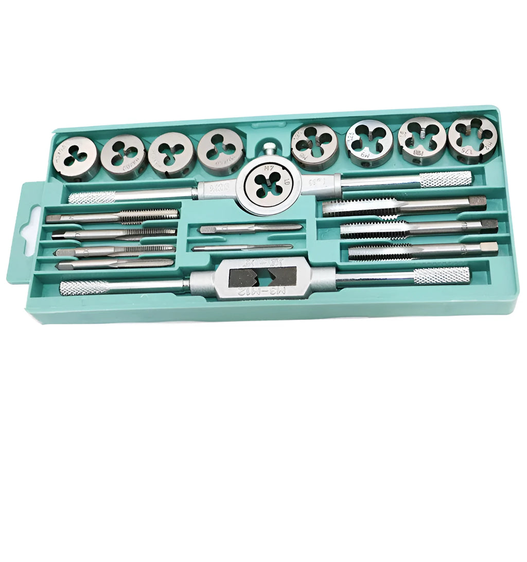 20-piece metric tap and die set in alloy steel with silver or titanium-plated finish for hand thread cutting