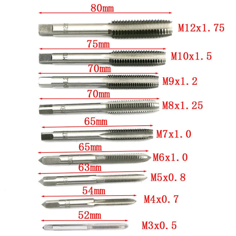 20-piece metric tap and die set in alloy steel with silver or titanium-plated finish for hand thread cutting