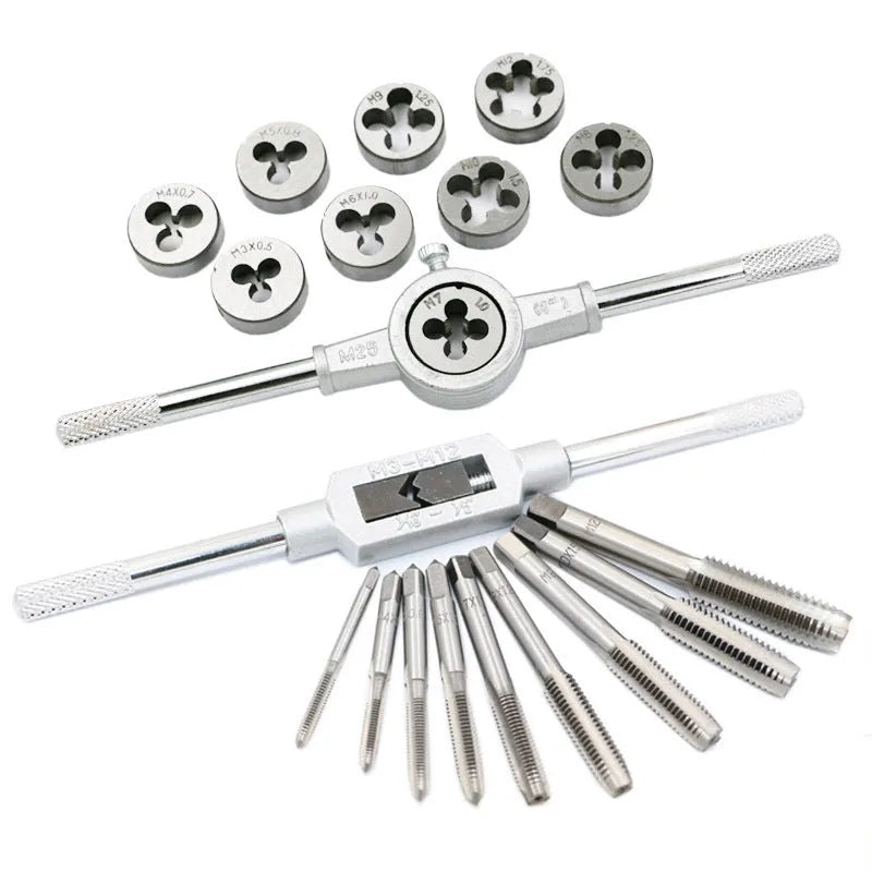 20-piece metric tap and die set in alloy steel with silver or titanium-plated finish for hand thread cutting