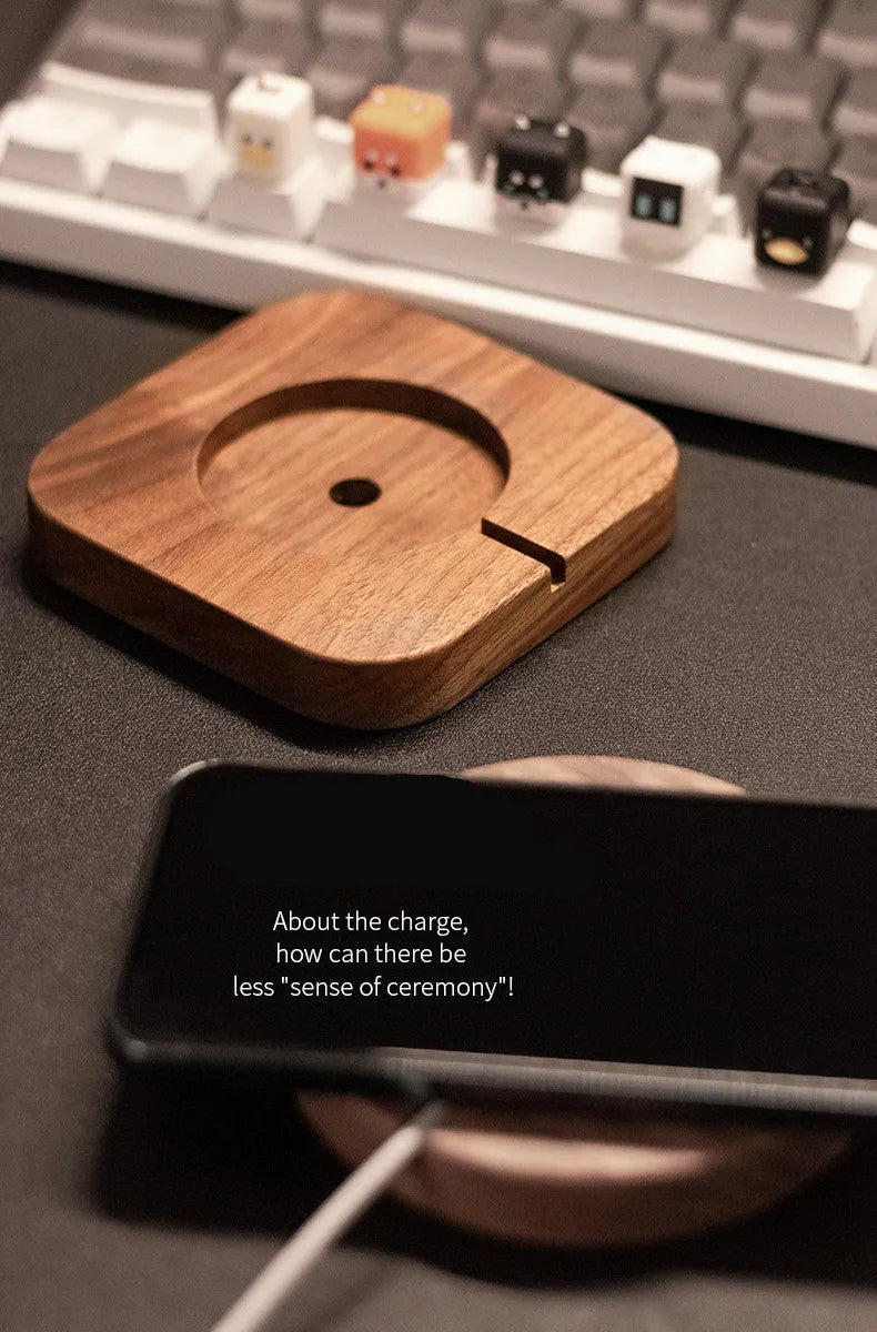 Walnut solid wood magnetic wireless charging bracket base for MagSafe phones on desktop