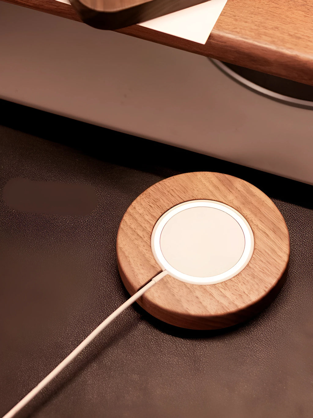 Walnut solid wood magnetic wireless charging bracket base for MagSafe phones on desktop
