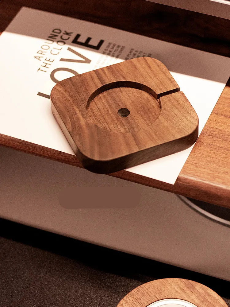 Walnut solid wood magnetic wireless charging bracket base for MagSafe phones on desktop