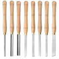 Eight chrome vanadium steel woodturning tools arranged in a fitted wooden storage box.