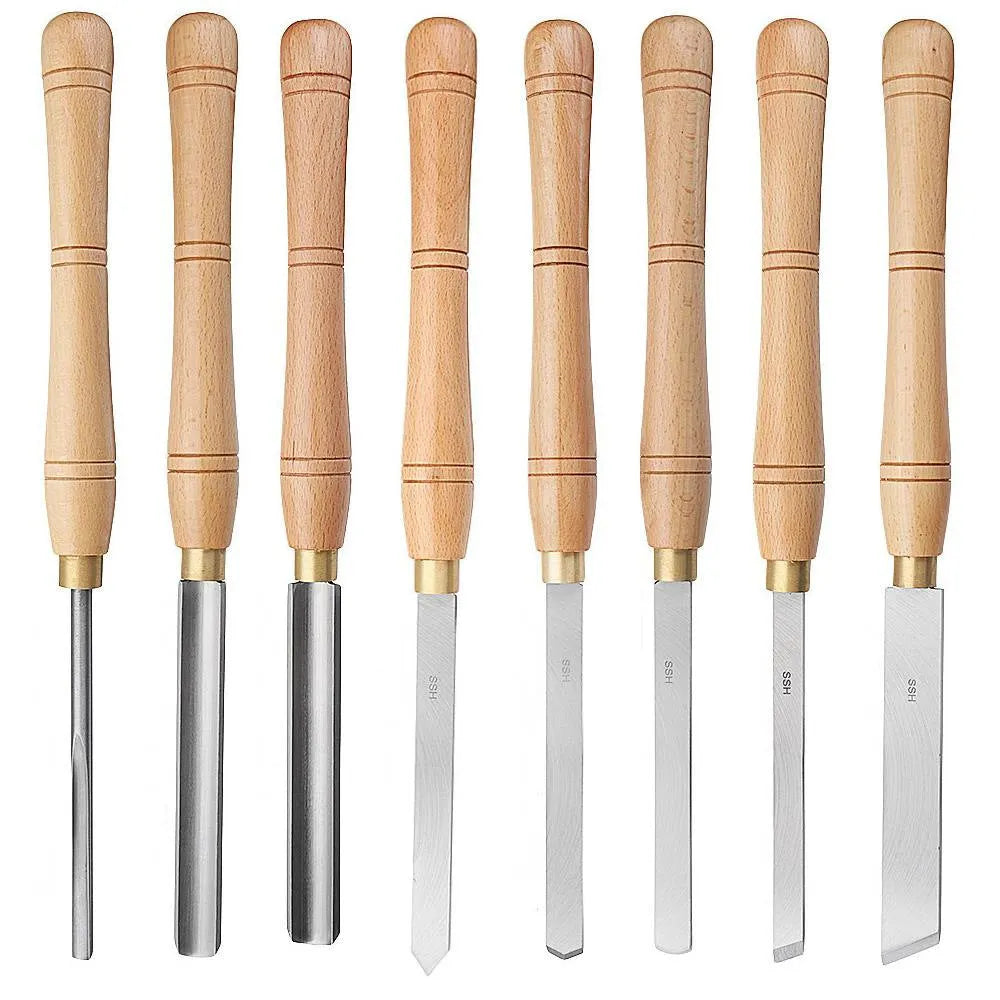 Eight chrome vanadium steel woodturning tools arranged in a fitted wooden storage box.