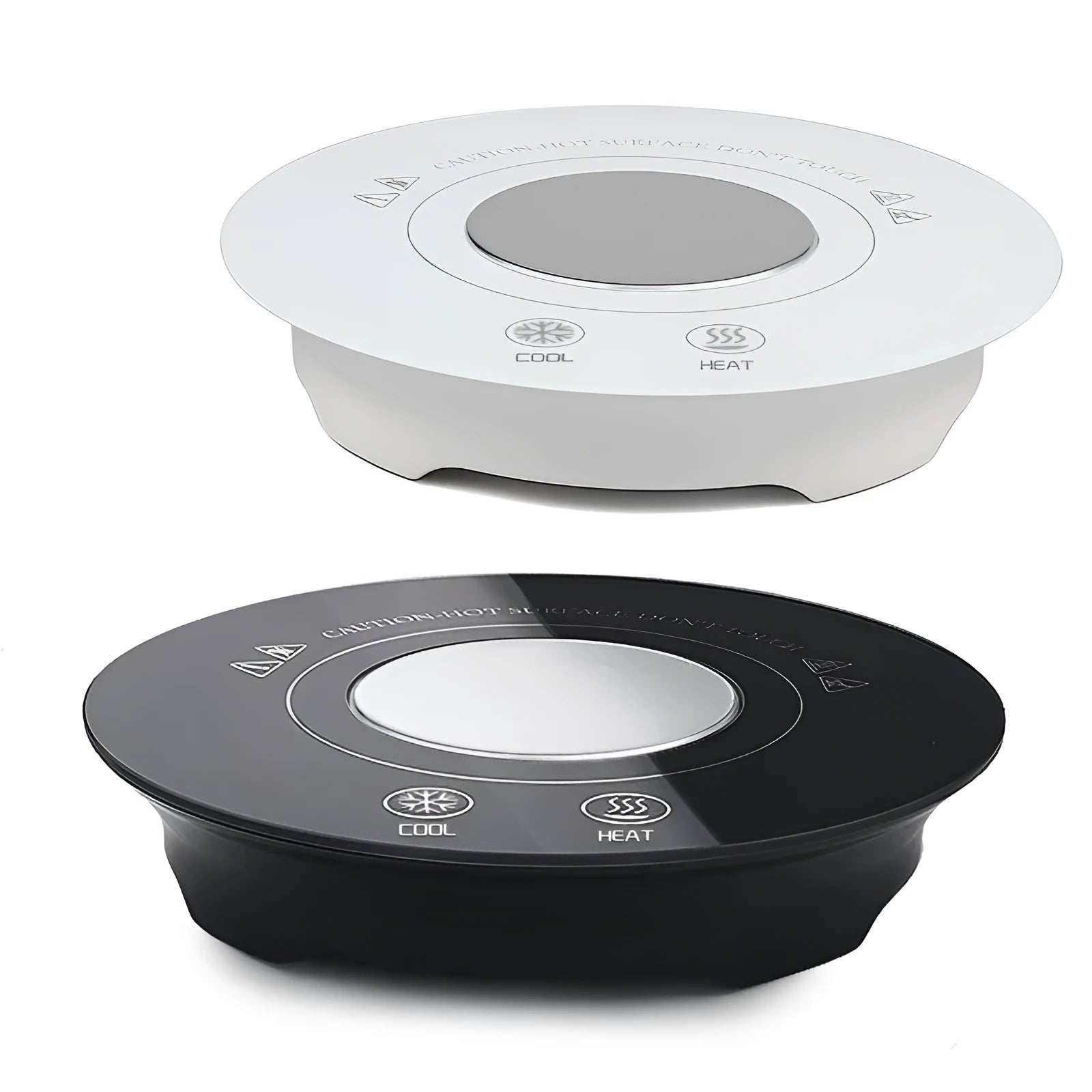 Black USB-powered hot and cold coaster for drinks on a desk next to a coffee cup.