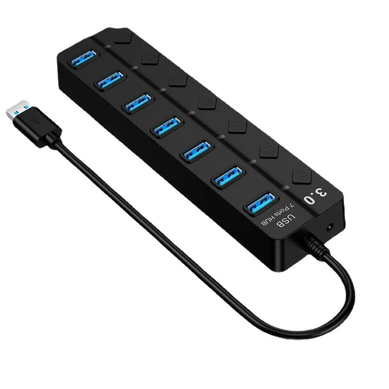 Black seven-port USB 3.0 hub with external power supply and cables