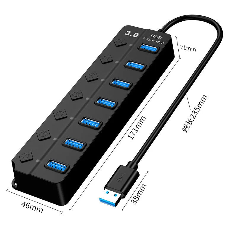 Black seven-port USB 3.0 hub with external power supply and cables