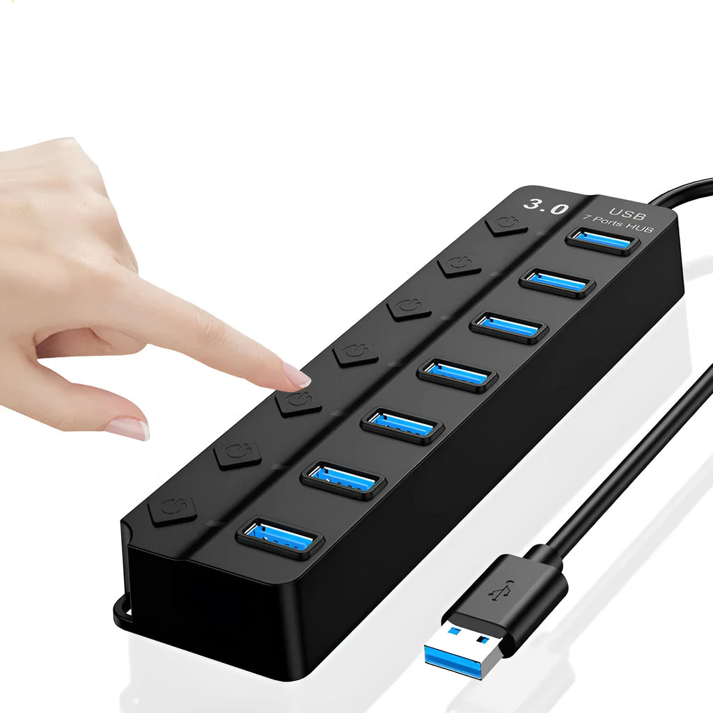 Black seven-port USB 3.0 hub with external power supply and cables