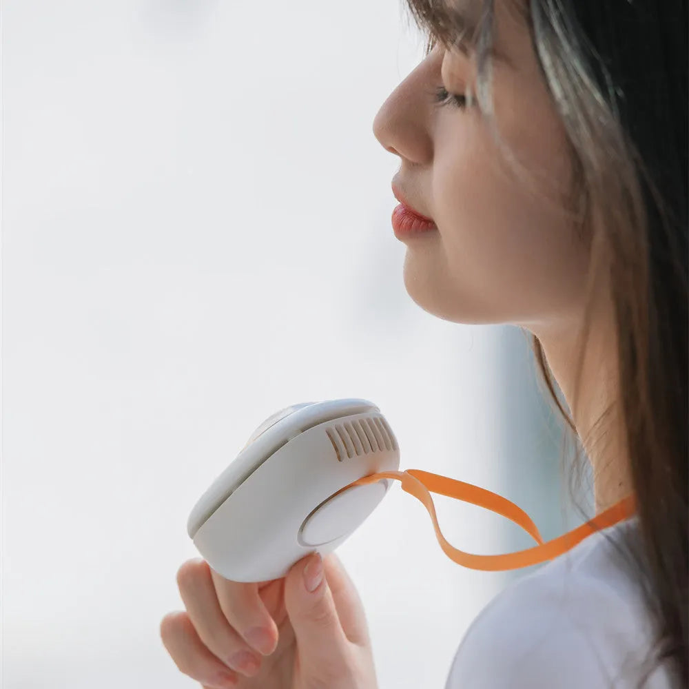 White squirrel design portable hanging neck fan with USB charging cable