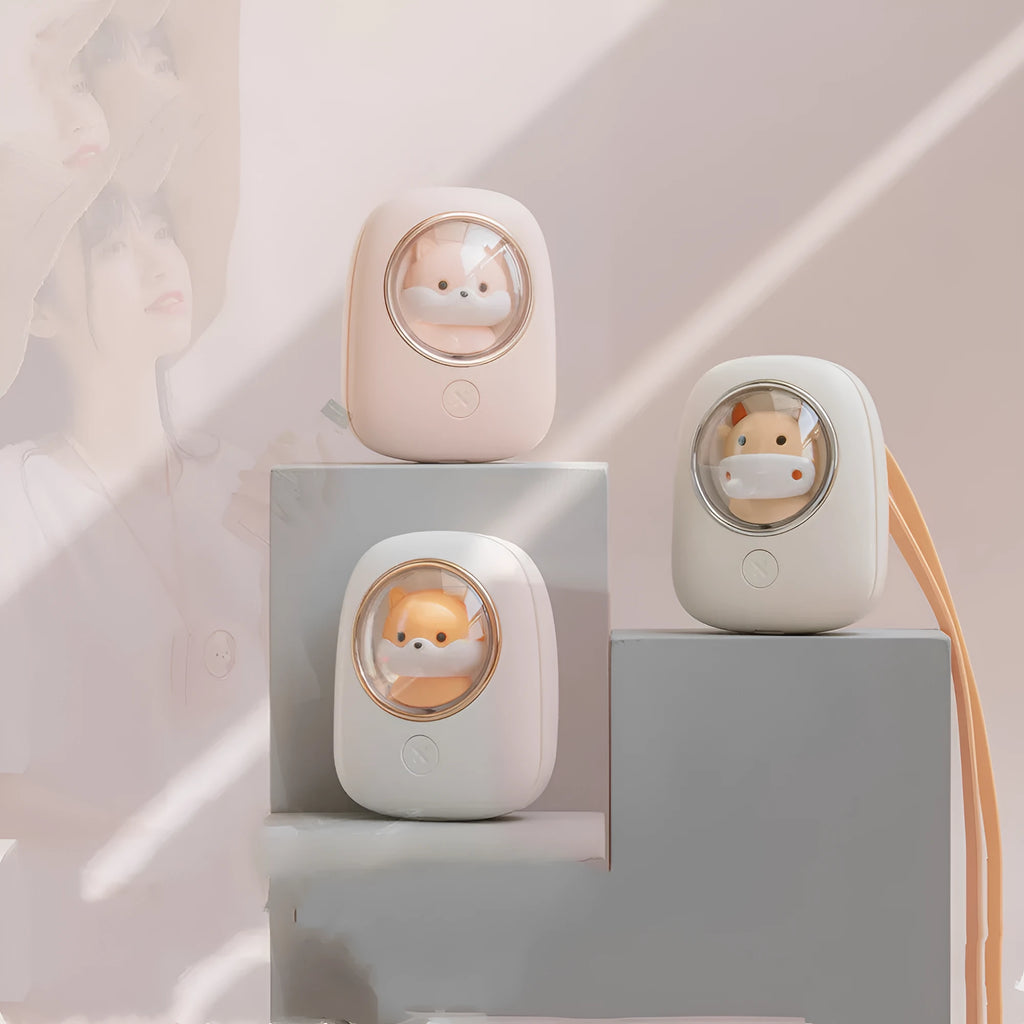 White squirrel design portable hanging neck fan with USB charging cable