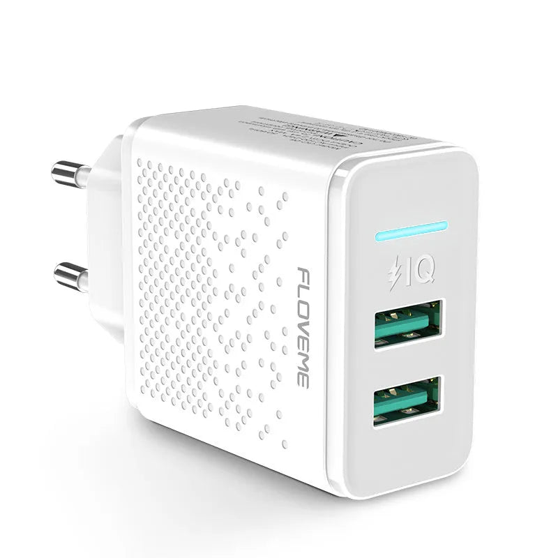 Black and white dual USB port wall charger with EU plug for UK sockets.