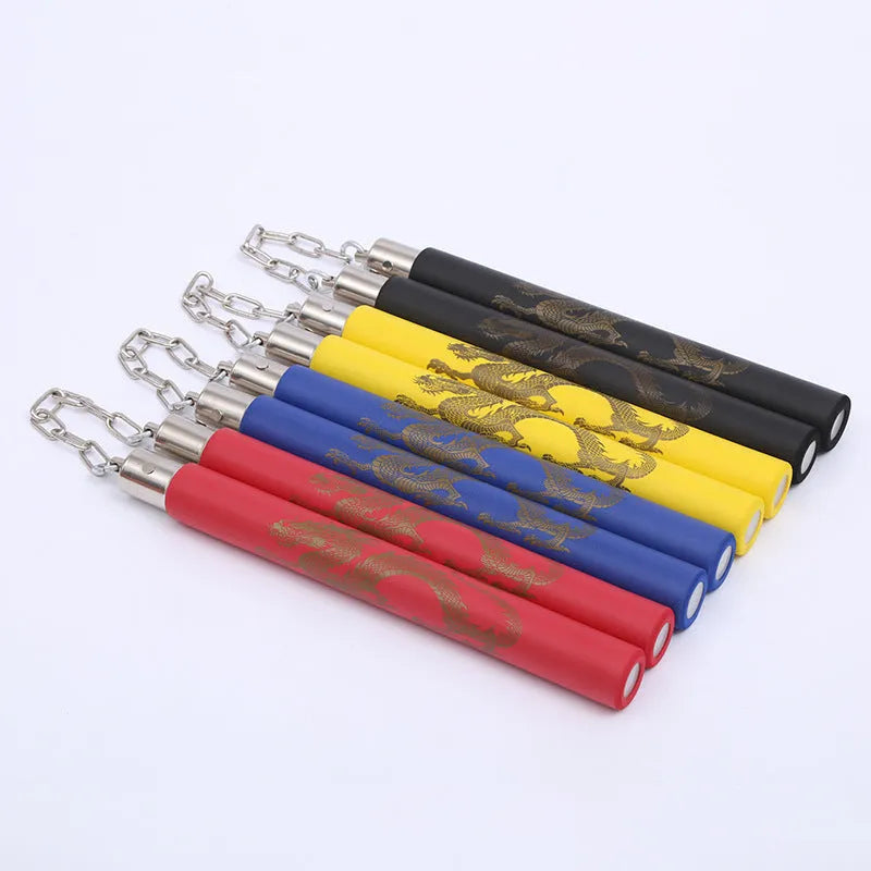 Red sponge nunchakus showing two-section design with EVA padding and chain connection