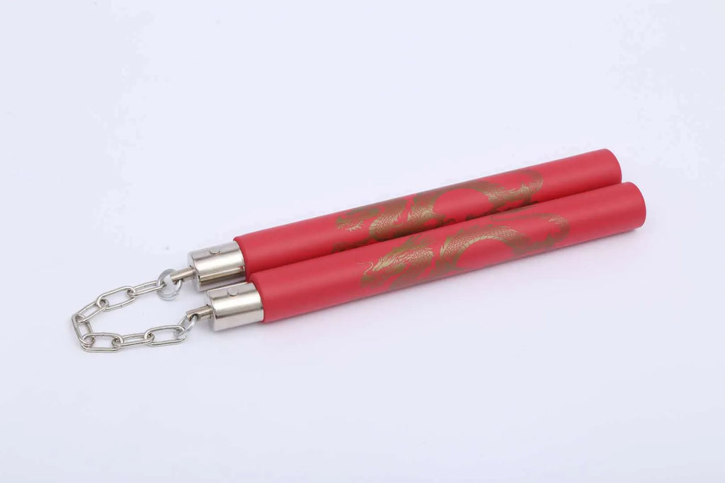 Red sponge nunchakus showing two-section design with EVA padding and chain connection