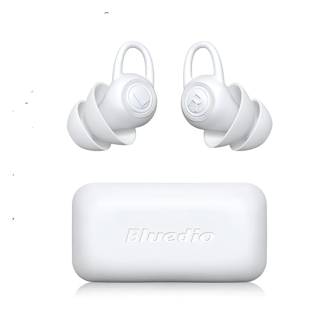 One pair of white soft silicone universal fit ear plugs on a blue background.