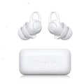 One pair of white soft silicone universal fit ear plugs on a blue background.