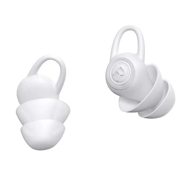 One pair of white soft silicone universal fit ear plugs on a blue background.