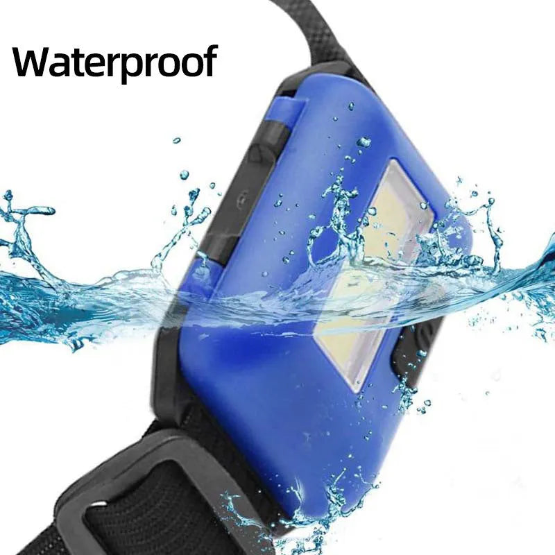 Blue outdoor mini LED headlight with headband on a dark background