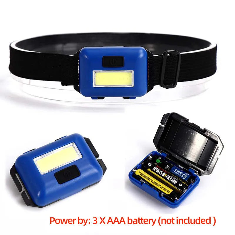 Blue outdoor mini LED headlight with headband on a dark background