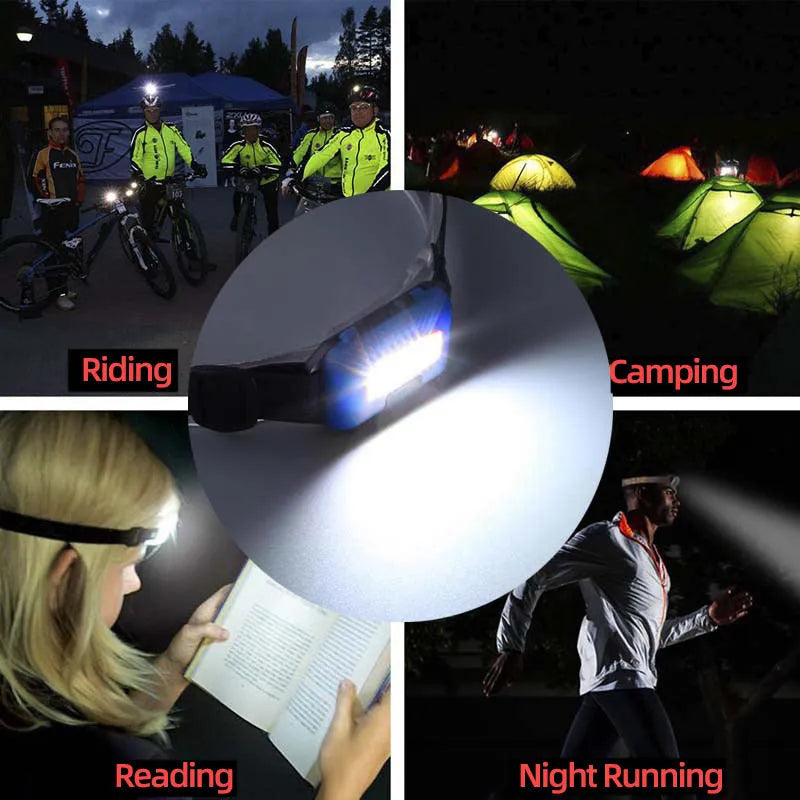 Blue outdoor mini LED headlight with headband on a dark background