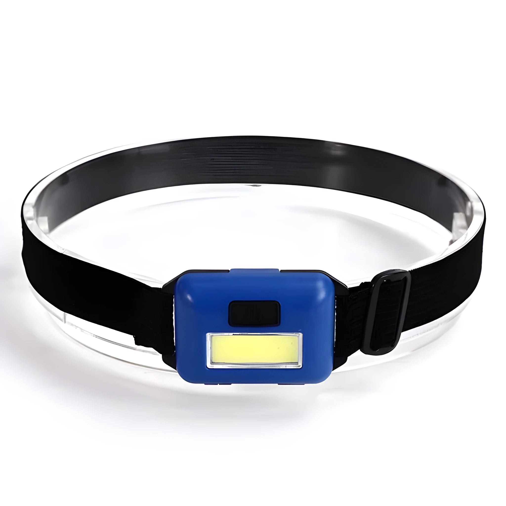 Blue outdoor mini LED headlight with headband on a dark background