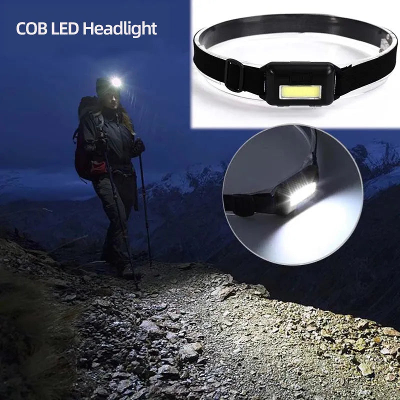 Blue outdoor mini LED headlight with headband on a dark background