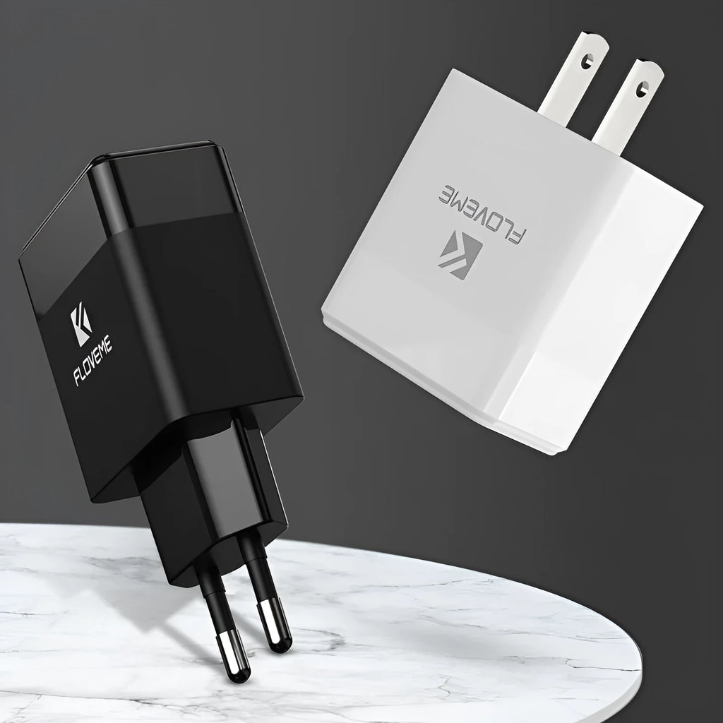 Black and white travel charger with US and European plugs for mobile phones