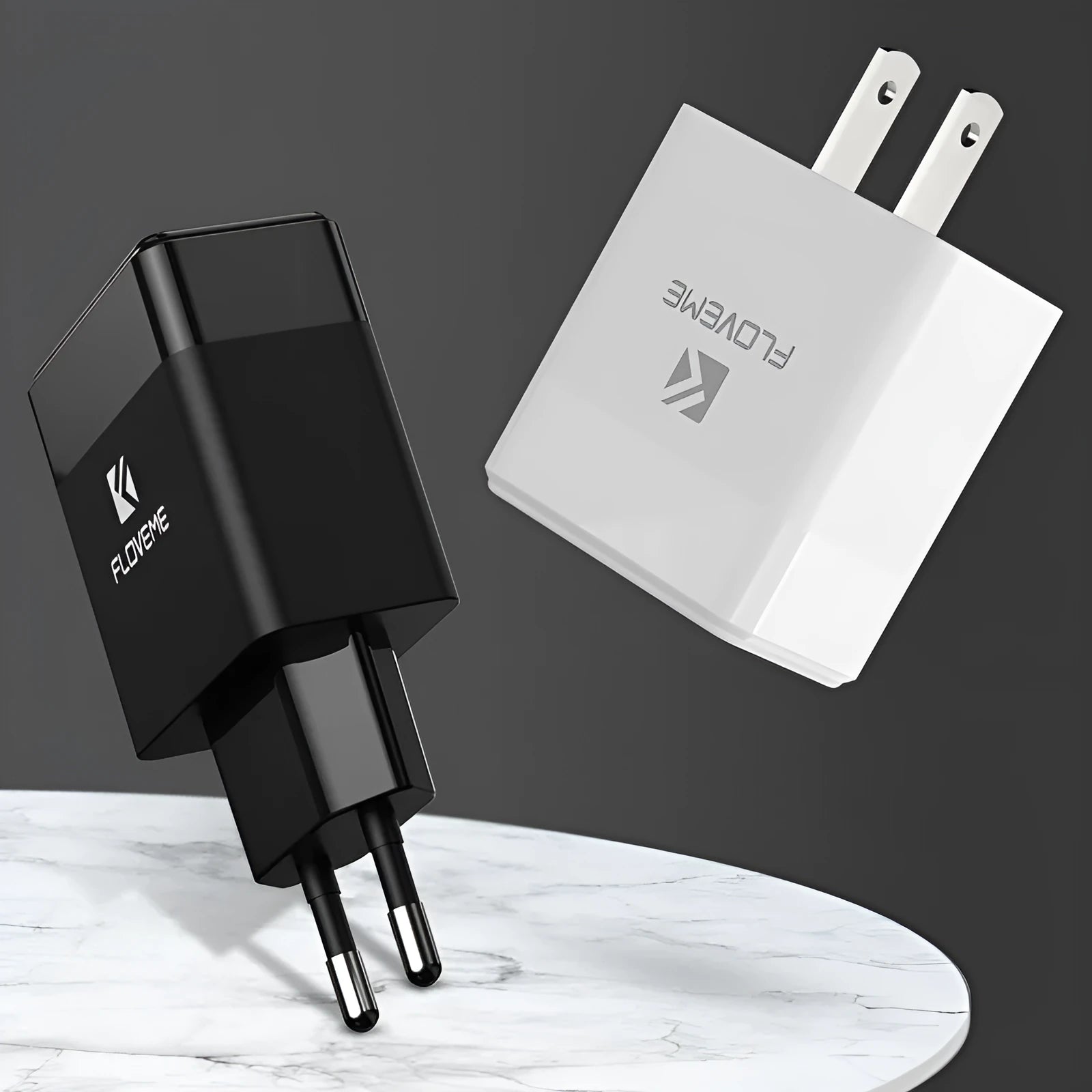 Black and white travel charger with US and European plugs for mobile phones