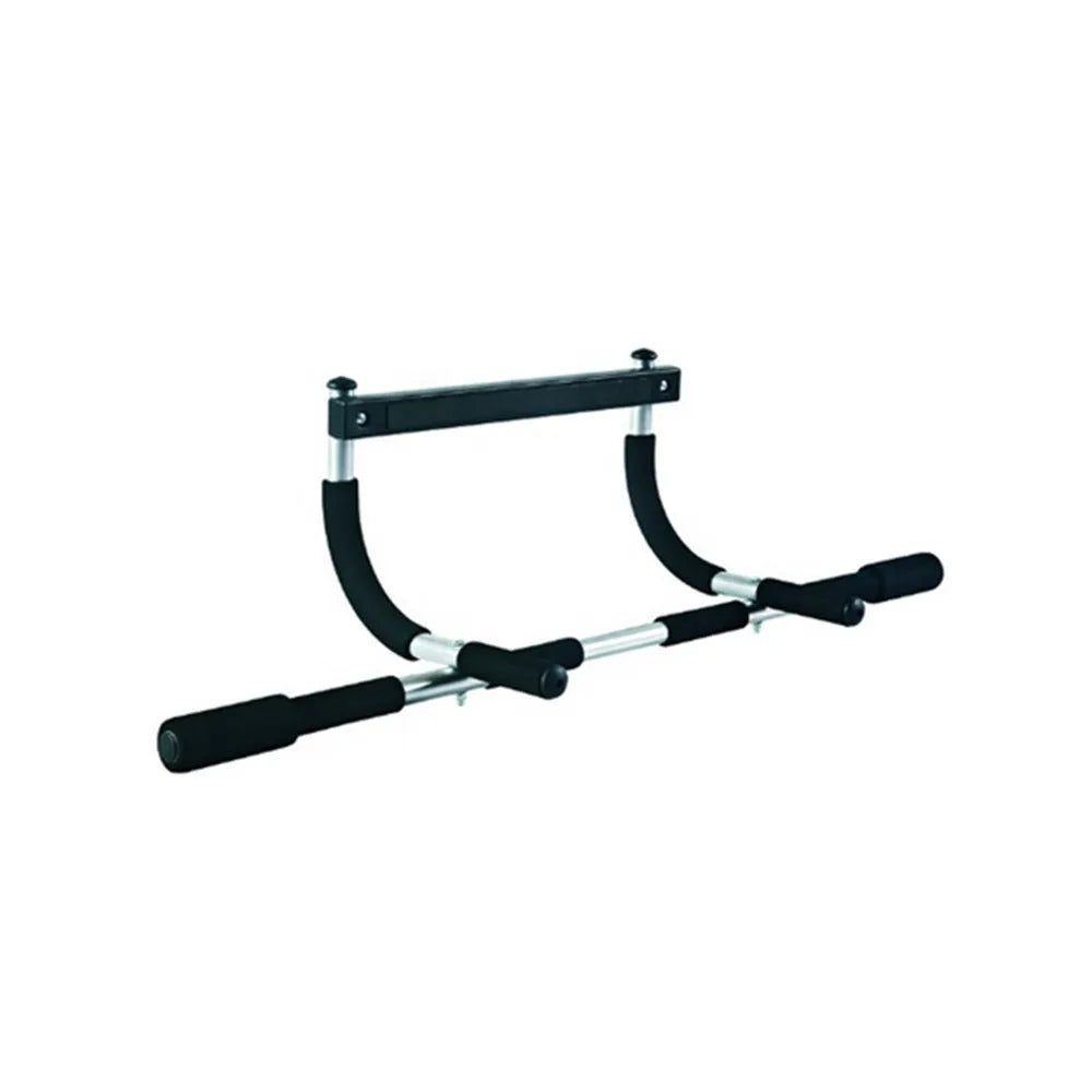 Black steel pipe pull-up bar mounted on wall for home fitness training