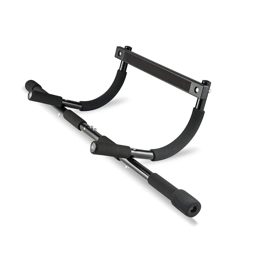 Black steel pipe pull-up bar mounted on wall for home fitness training