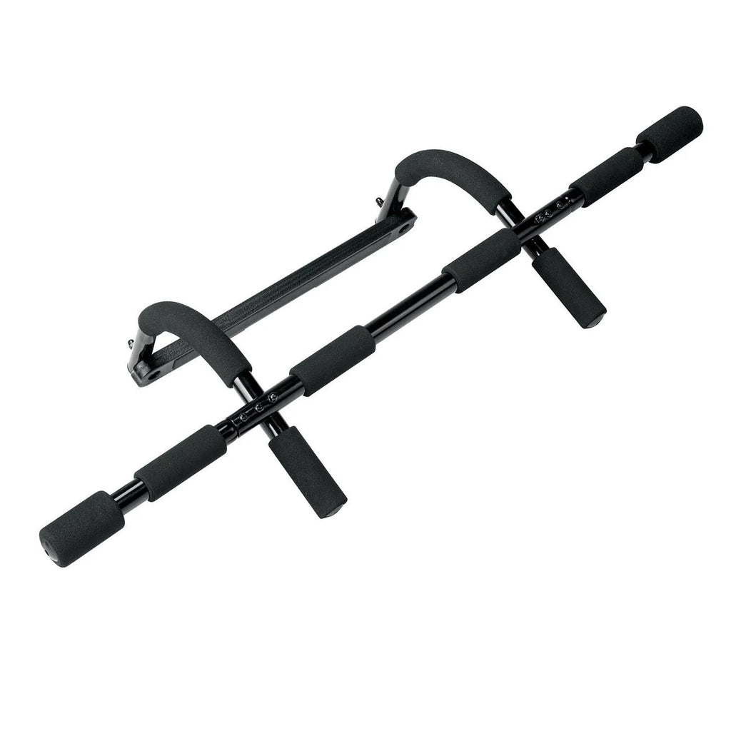 Black steel pipe pull-up bar mounted on wall for home fitness training