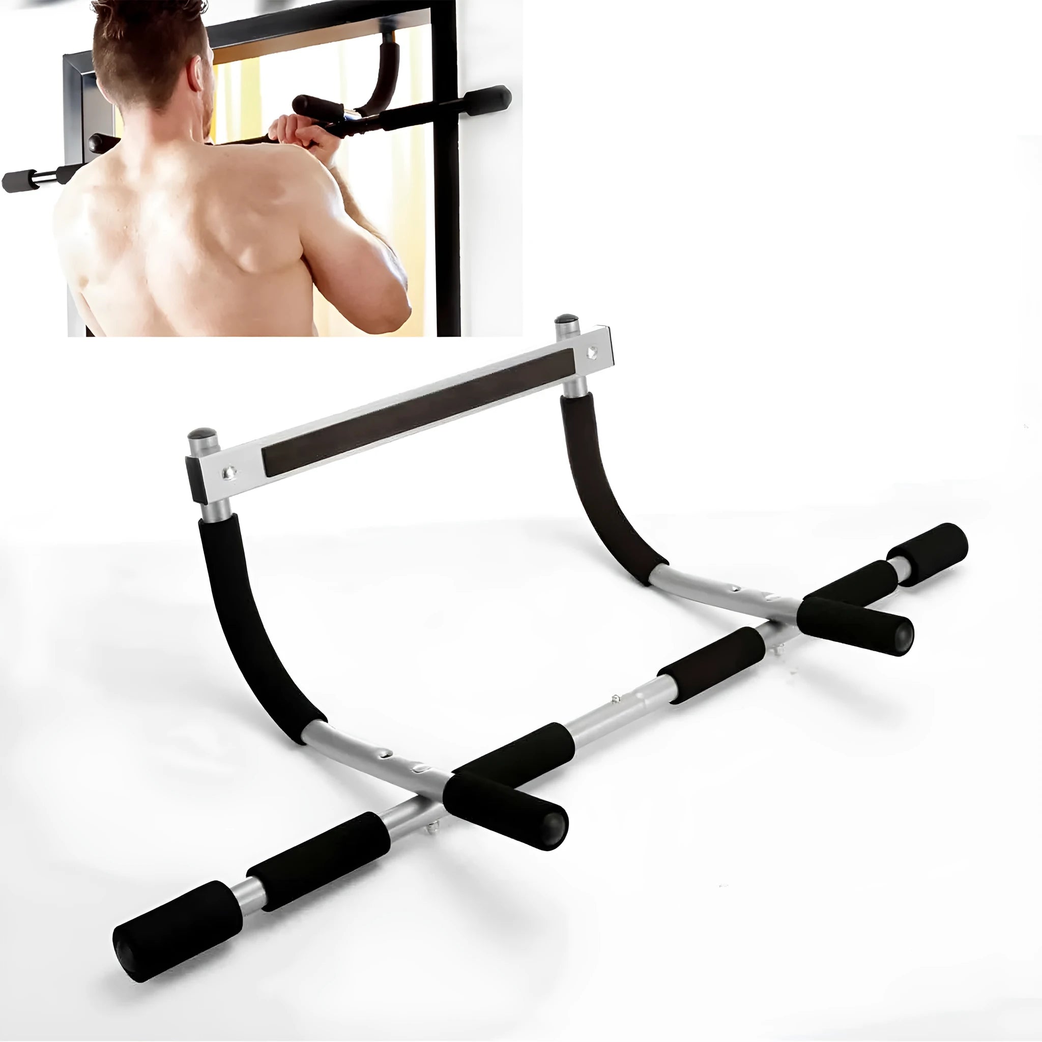 Black steel pipe pull-up bar mounted on wall for home fitness training