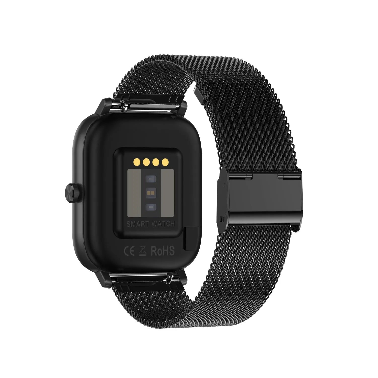 Smart bracelet with touch screen displaying health metrics, shown with silicone and mesh steel strap options.