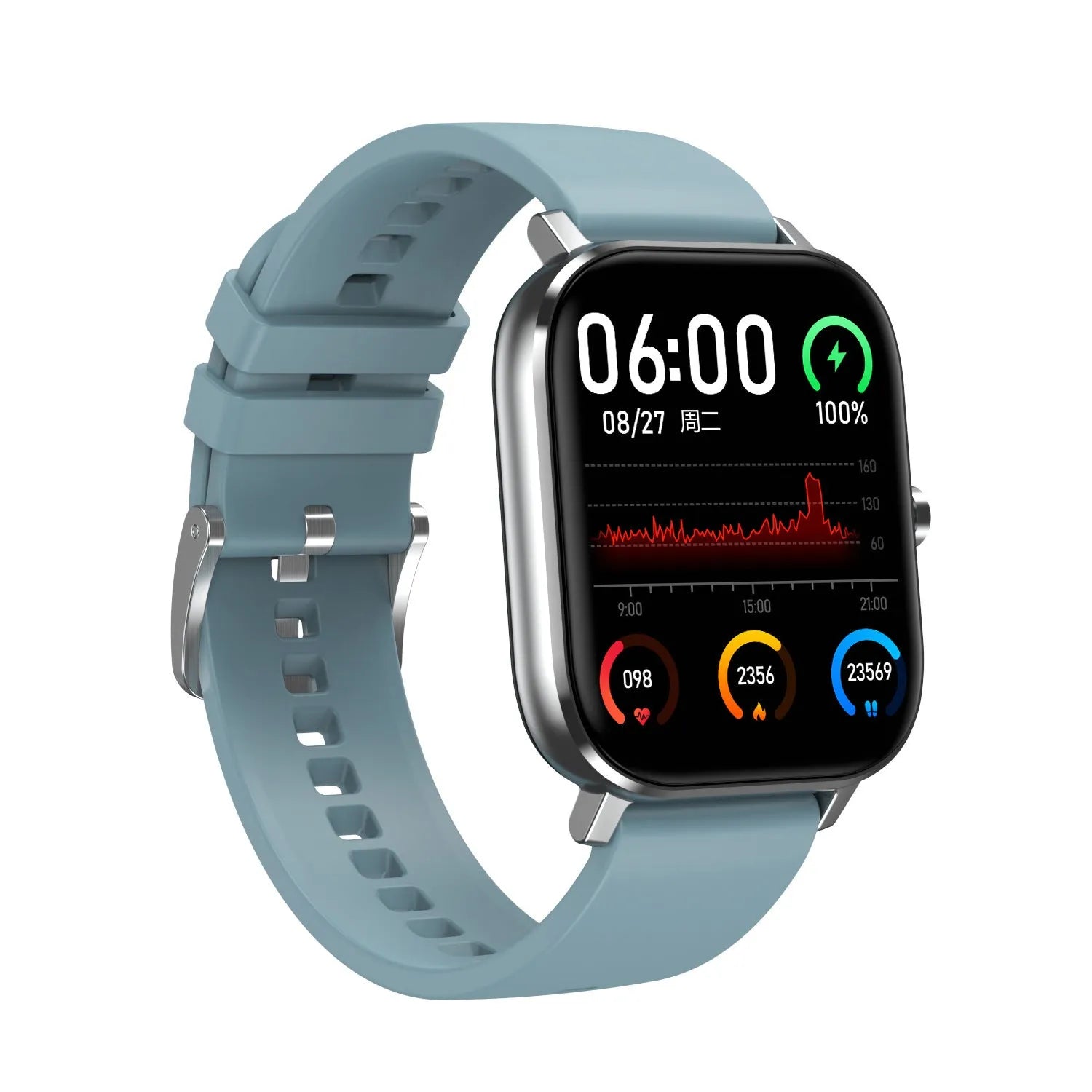 Smart bracelet with touch screen displaying health metrics, shown with silicone and mesh steel strap options.