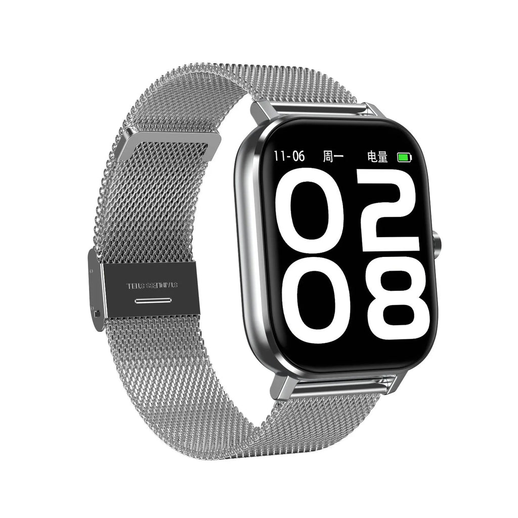 Smart bracelet with touch screen displaying health metrics, shown with silicone and mesh steel strap options.