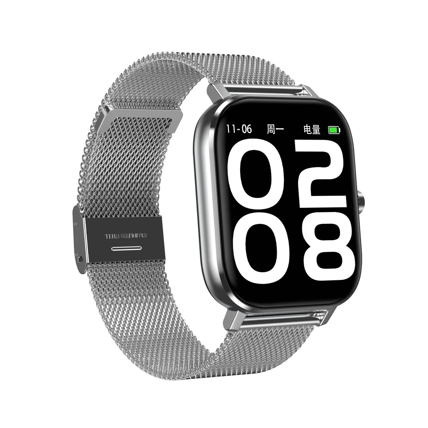 Smart bracelet with touch screen displaying health metrics, shown with silicone and mesh steel strap options.