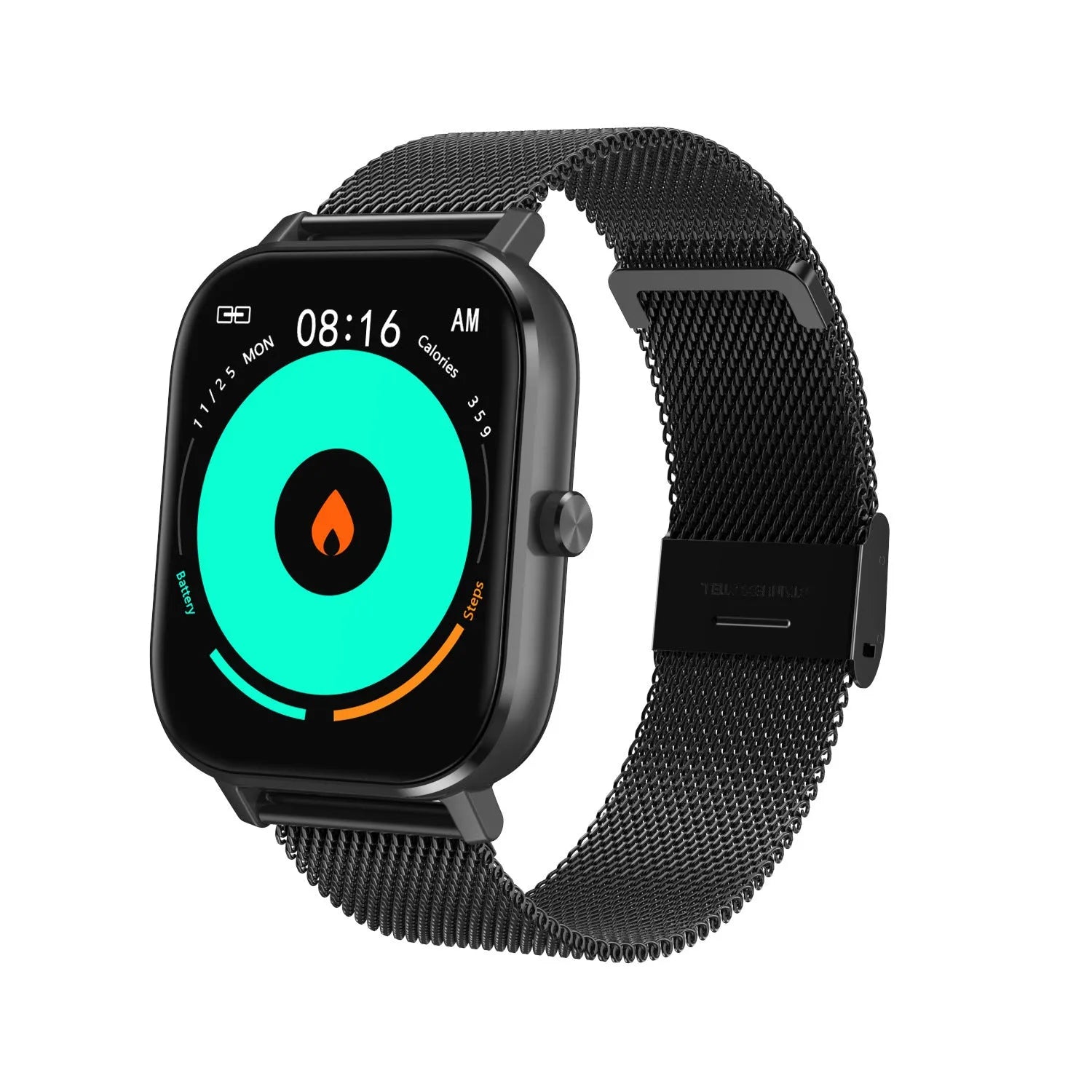 Smart bracelet with touch screen displaying health metrics, shown with silicone and mesh steel strap options.