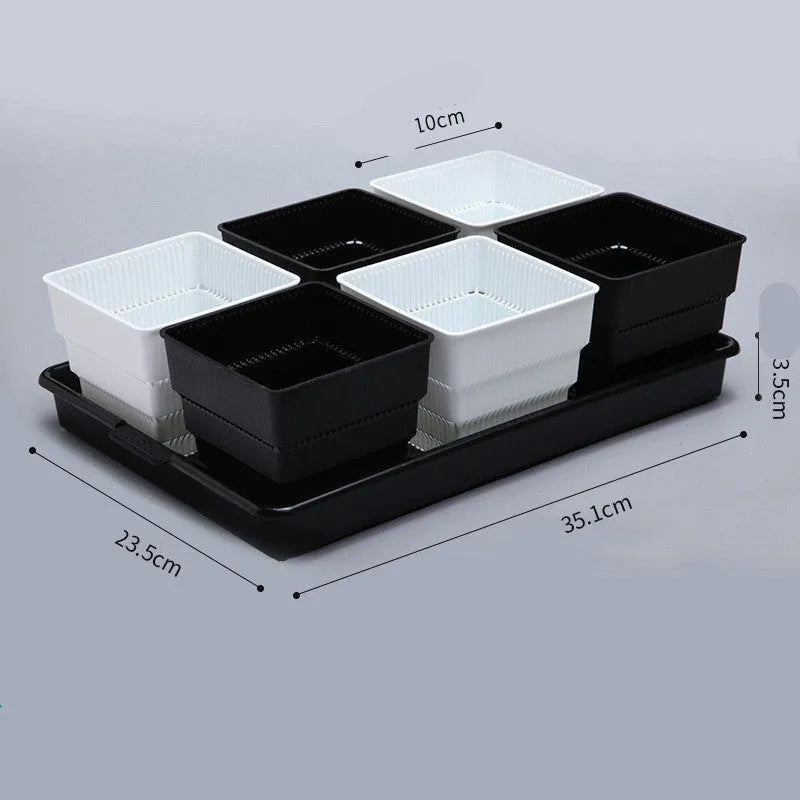 Meishi black and white resin flower pot set with tray for succulents and indoor plants.