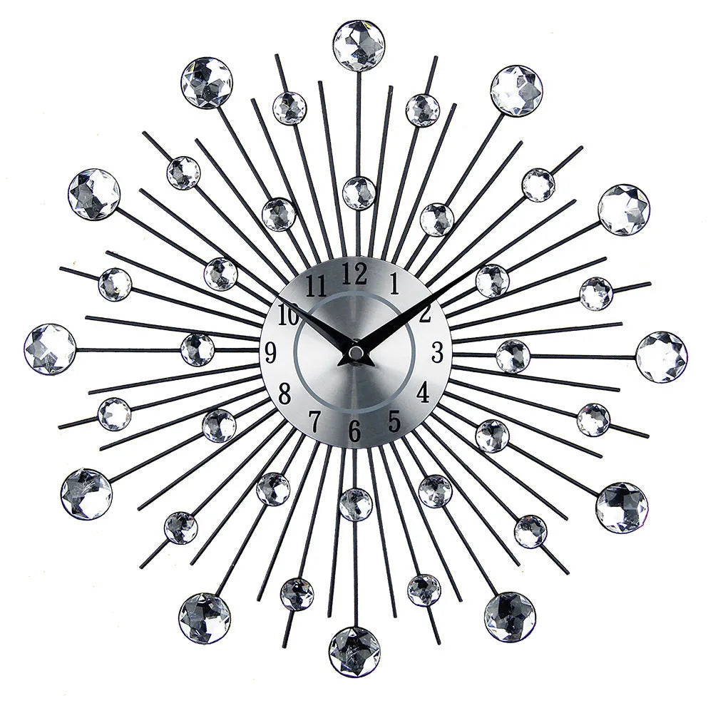 Silver round mute wall clock with metal shell and aluminium dial, 33cm in diameter.