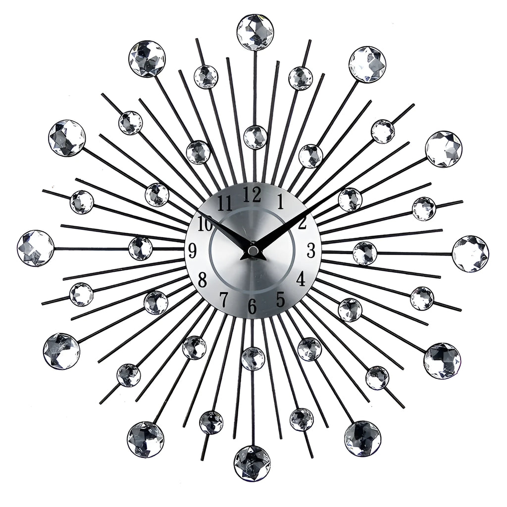 Silver round mute wall clock with metal shell and aluminium dial, 33cm in diameter.